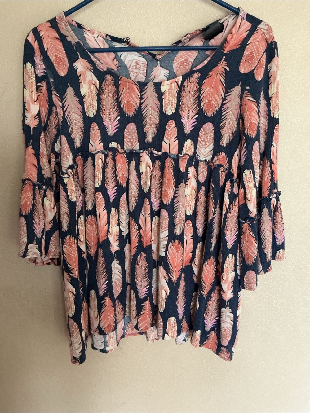 Feather-Print Navy and Coral Women’s Peasant Top